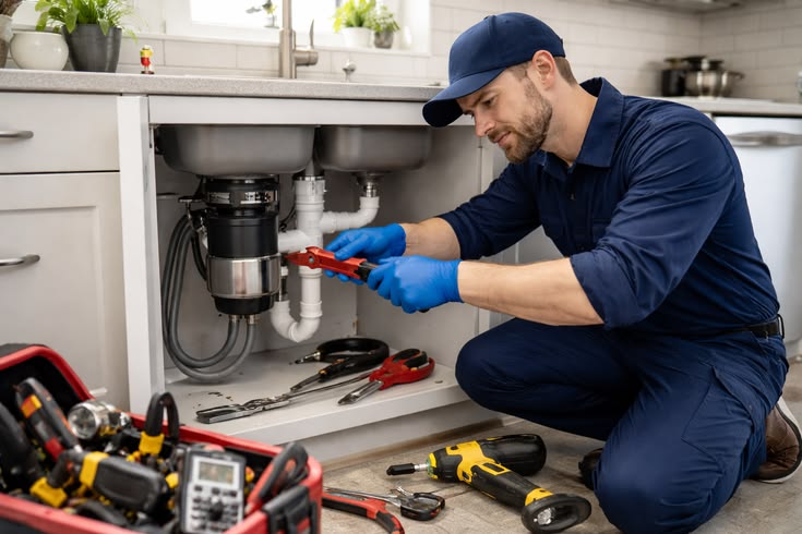 Plumbing contractor Allegan, MI — VerBurg Plumbing Service Plumber repairing pipes under a kitchen sink — VerBurg Plumbing Service, plumbing contractor Allegan, MI